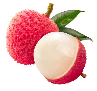 Red Lychee fruit on white background, Fresh Red Lychee or Litchi chinensis fruit on White Background Png File.