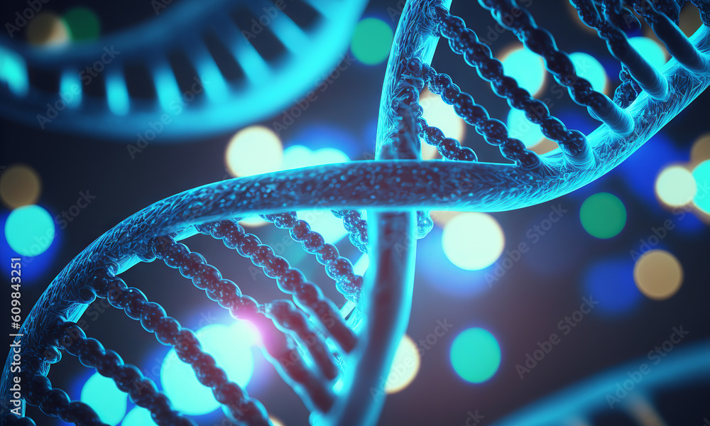 Poster concept of the evolution of human dna in the distant future. view under the microscope. blue helix b