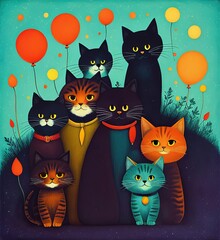 Сat Family Portrait, cute kittens, bright lights, Generative AI Art Illustration 09