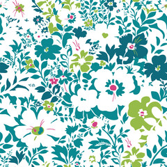 Stylish, delicate, romantic, fashionable pattern with white silhouettes of plants on a green background. Seamless vector with a variety of flowers and leaves.