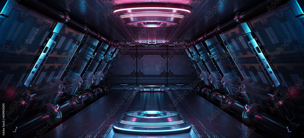 Poster blue and pink spaceship interior with projector. futuristic corridor in space station with glowing n