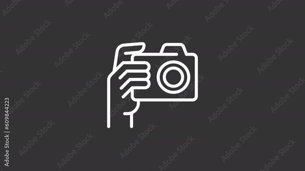 Poster animated camera in hand white icon. taking photo line animation. finger pressing button. seamless lo