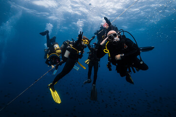 Friends together scuba diving in undersea