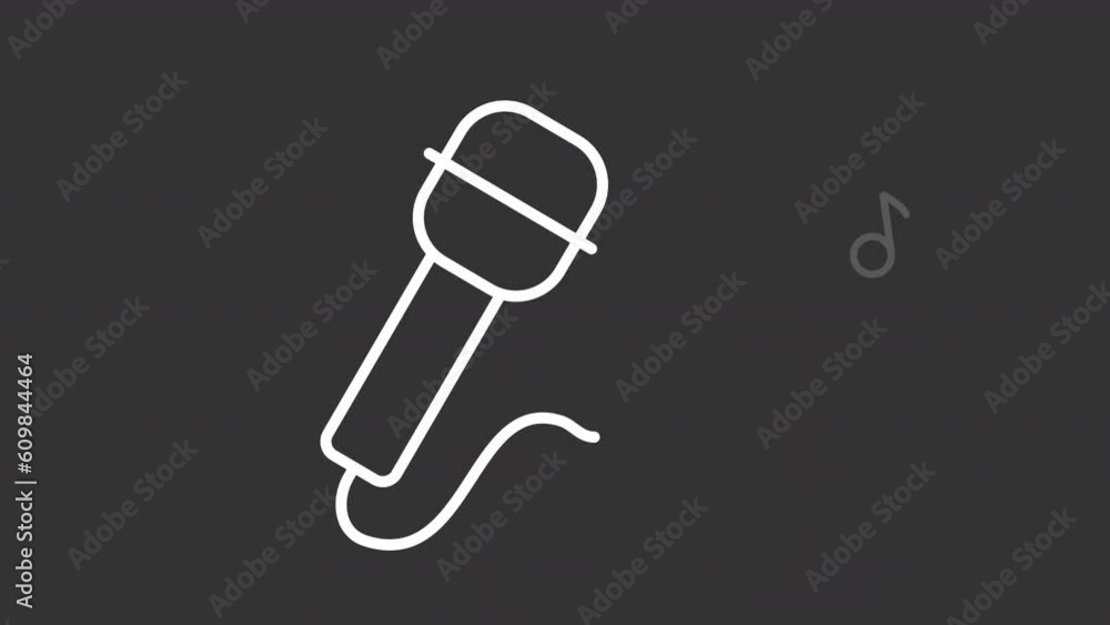 Poster animated microphone white line icon. singing sound animation. musical notes floating from mic. seaml
