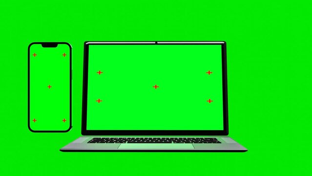 Realistic laptop and smartphone with empty screen animation isolated on green screen background. Chromakey.