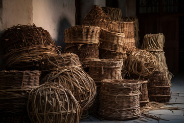 Bundles of wicker waiting to be transformed into baskets, revealing the raw material of this ancient craft, an essential part of the basketry process. - obrazy, fototapety, plakaty