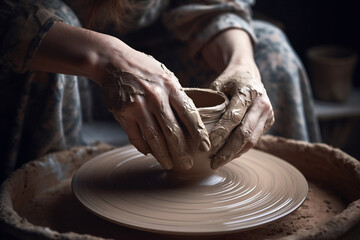 A pair of skilled hands are captured shaping clay on a potter's wheel, in the process of creating a beautiful vase, showcasing the art of pottery.