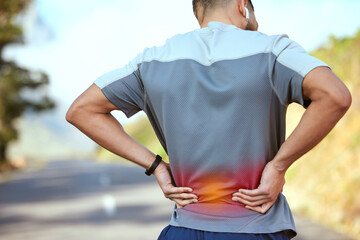 Man, back pain and fitness with injury, inflammation or ache from workout, running or sports...