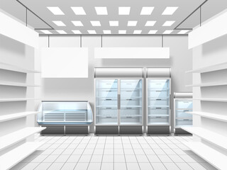 Food store interior empty fridges. Trading floor with shelves, showcases and refrigerators, supermarket equipment for products and drink merchandise, 3d isolated elements utter vector concept