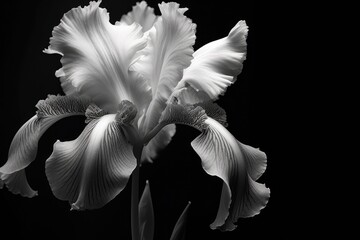 Fototapeta premium Portrait black and white iris flower isolated on black AI Generative