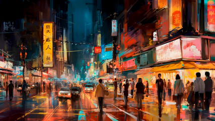 A bustling city street at night illuminated with people walking and cars driving. Painting illustration. Generative AI.