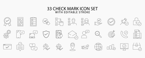 Check mark icons set. Checkmark line icon set. Containing check, accept, agree, selected, confirm, approve, correct, complete, checklist, and verified icons. Check mark set of web icons in line style.