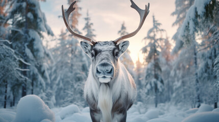 Naklejka na ściany i meble Reindeer at snow forrest background. Animal and nature concept. Generative ai.