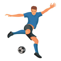 Fototapeta na wymiar Vector isolated figure of football player in blue T-shirt who jumps up preparing to kick the ball with his foot