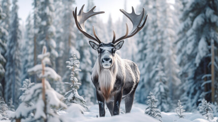Reindeer at snow forrest background. Animal and nature concept. Generative ai.
