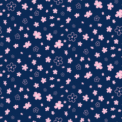 Seamless floral pattern. Small pink flowers on navy background.