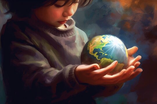 A painting of a child holding the world on Earth Day