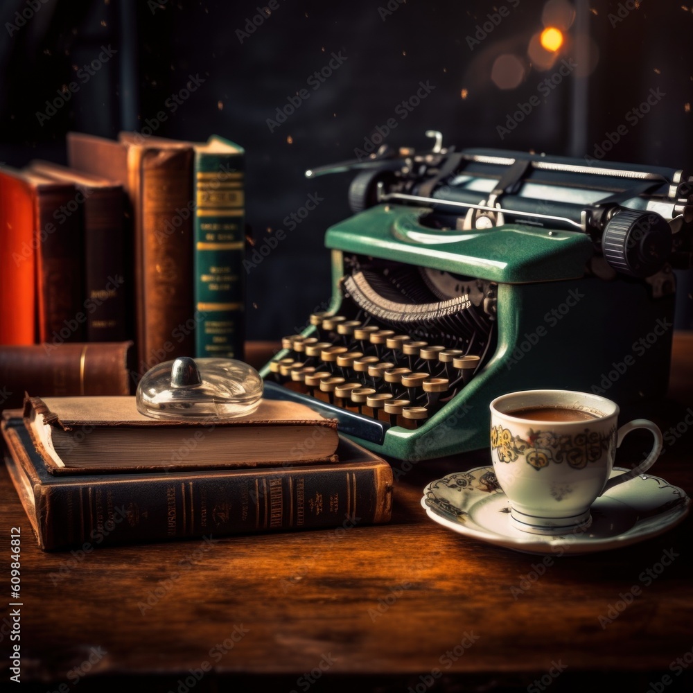 Poster a typewriter and a cup of coffee on a table. generative ai image.