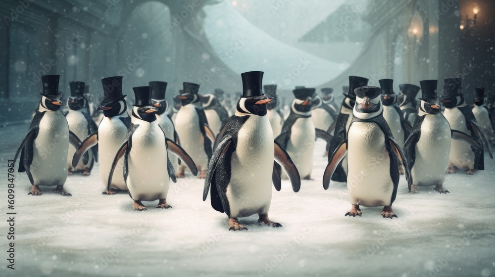 Poster a group of penguins wearing top hats in the snow. generative ai image.