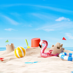 Sand castle on the beach. Summer vacation concept. 3d rendering