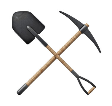 Shovel and pick axe isolated on transparentbackground. 3D illustration