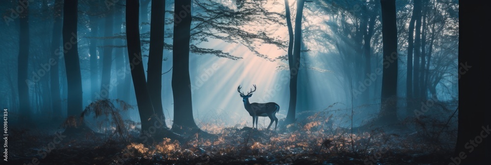 Poster a deer standing in the middle of a forest. generative ai image.