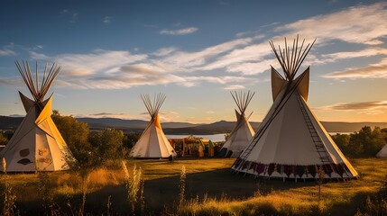 Indian teepees stand in native american encampment at sunset. generative ai - obrazy, fototapety, plakaty