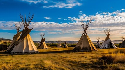 Piegan indian encampment north america. generative ai - obrazy, fototapety, plakaty