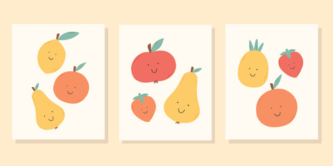 Set of kids posters with cute fruits. vector illustration. Retro posters for nursery. Groovy posters with fruits.