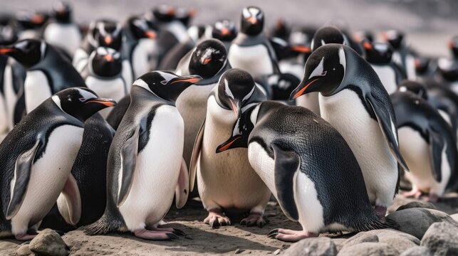 A group of penguins standing on top of a pile of rocks. Generative AI image.