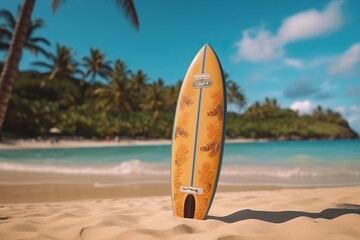 Portrait surf board on the beach with light exposure AI Generative