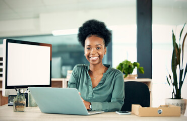 Portrait, smile and black woman with laptop, writer and creative in office. Computer, face and...