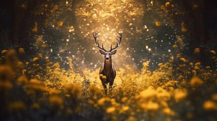 Obraz na płótnie Canvas a deer with antlers in the forest with sunlight behind it Generative Ai