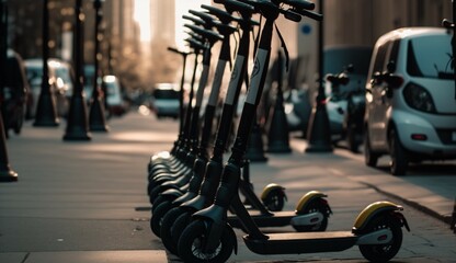Fleet of Electric Scooters parked in a city generative Ai