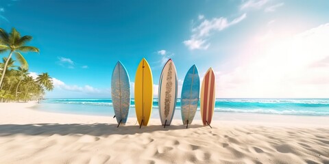 Portrait surf board on the beach with light exposure AI Generative