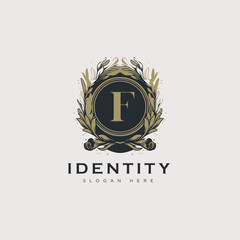 Initial F letter luxury beauty flourishes ornament golden monogram logo art