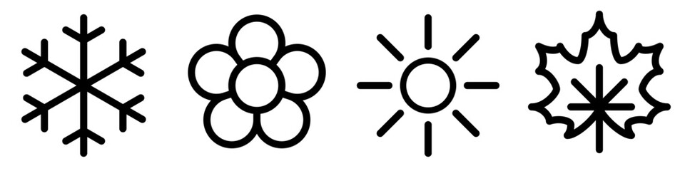 Snowflake, flower, sun and maple leaf line icons