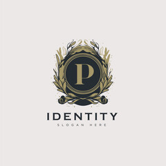 Initial P letter luxury beauty flourishes ornament golden monogram logo art