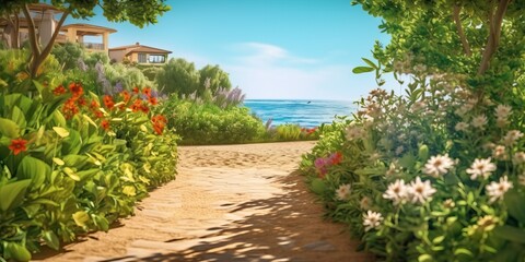 Portrait hidden beach view with flower AI Generative
