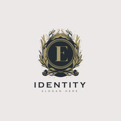 Initial E letter luxury beauty flourishes ornament golden monogram logo art