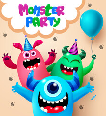 Naklejka premium Monster cartoon vector design. Monster party text in speech bubble with naughty monster concept for birthday. Vector illustration of monster for celebration.