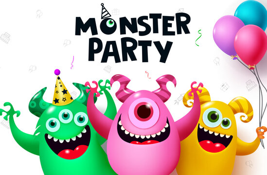 Monster character vector design. Monster party text with happy cartoon monster for birthday invitation and card. Vector illustration of monster party concept.