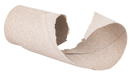 One single empty used ripped torn toilet paper roll made of recycled paper or gray cardboard...