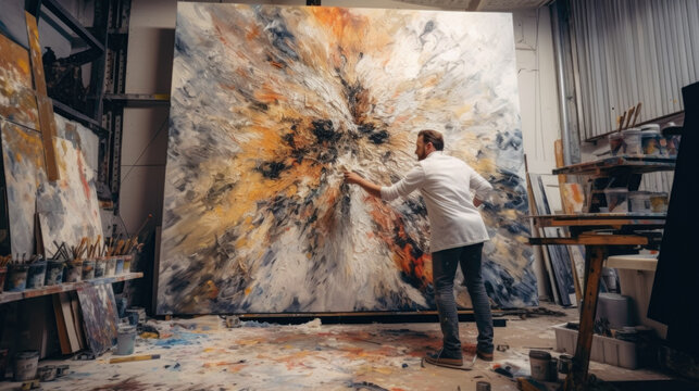 Busy Artist In White Work Clothes Painting Abstract Picture On Huge Canvas In Artificial Intelligence Studio