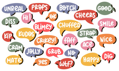 A set of speech bubbles of different colors and shapes with youth inscriptions. Stickers to indicate the mood. Collection of stickers in the form of clouds with text for a diary, a glider, records