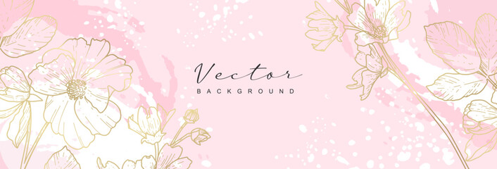 Fototapeta na wymiar Luxury floral wallpaper with gold line art. Beautiful pink background with elegant flowers. Vector design for wedding card, home decor, print, cover, banner, advertisement, invitation