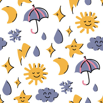 A pattern of cute little stickers with stylish weather-themed illustrations. Seamless background with fashionable cozy elements. Ideal for printing on textiles and paper. Decoration for the store