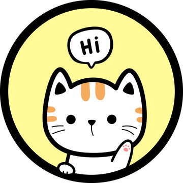 cute cat say hi with round background flat cartoon illustration