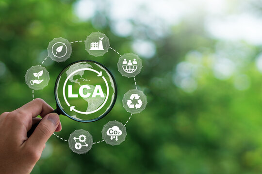 LCA, Life cycle assessment concept.LCA icon inside magnifier glass.  ISO LCA standard aims to limit climate change. Methodology for assessing environmental impacts associated on value chain product.