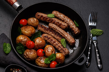 Delicious grilled sausages and potatoes in a sizzling frying pan